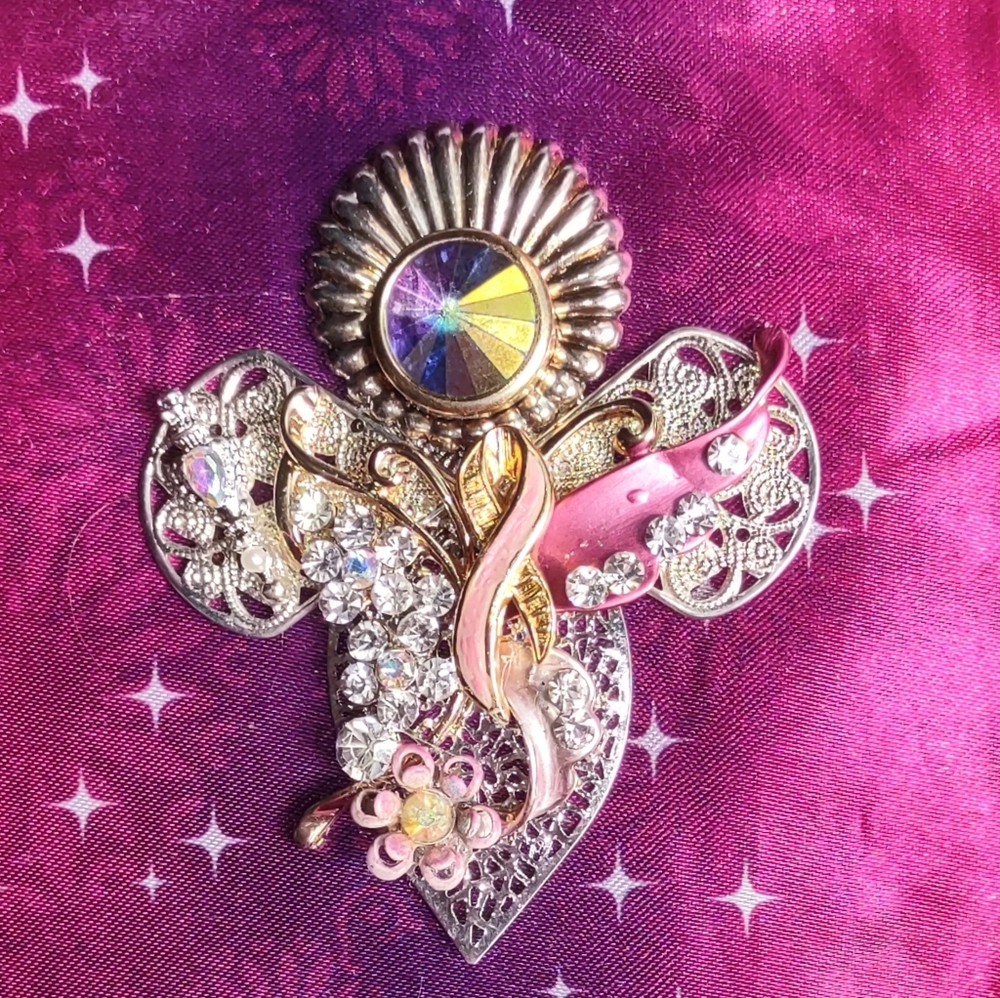 Pink Ribbon Breast Cancer Awareness Theme Jeweled Angel Brooch
